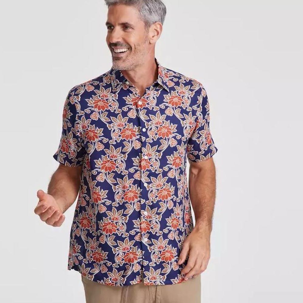 Club Room Luxury Hunter Blue Floral 100%‎ Linen Short Sleeve Button Up Shirt
